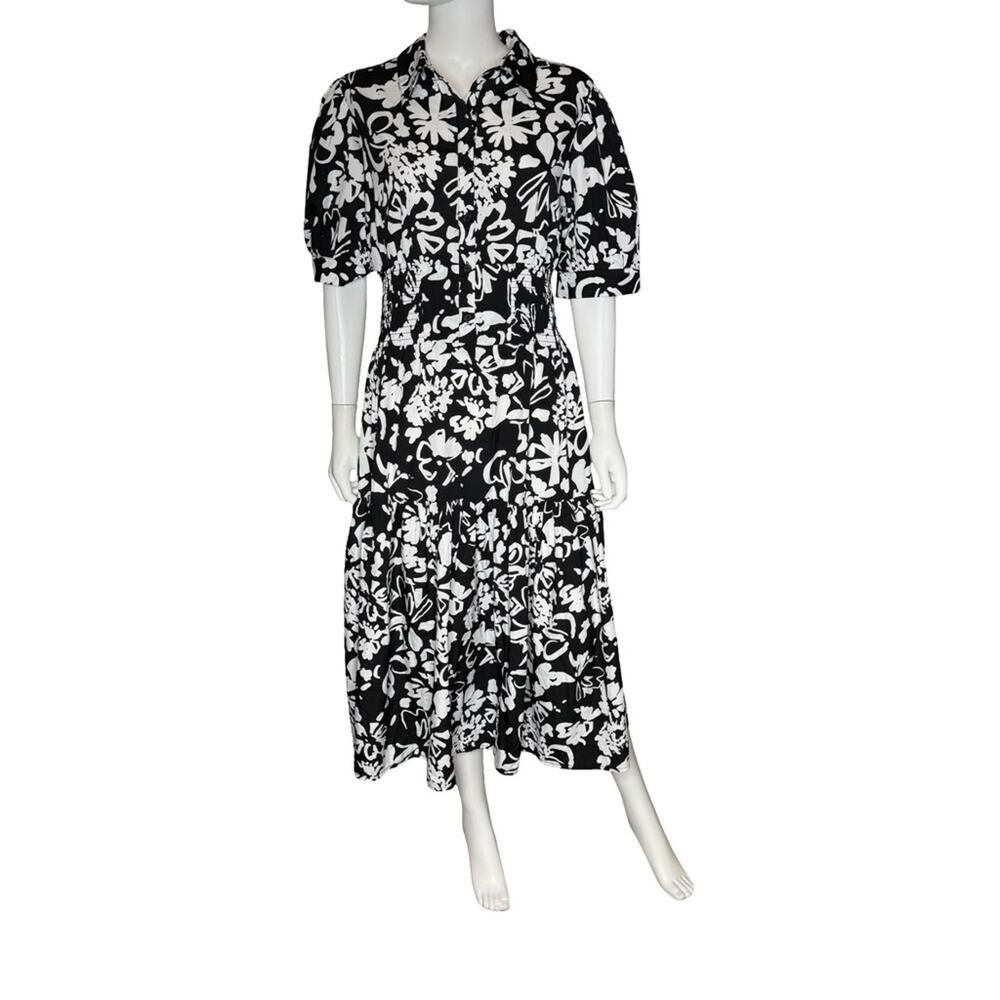 Wishing Waves Black and White Notched Collar Puff Sleeve Midi Dress Women’s Sz L